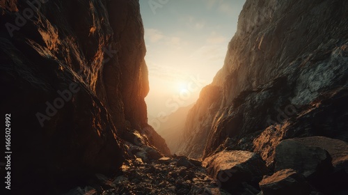 Canyon sunset hike path, rocky mountains background. Landscapes