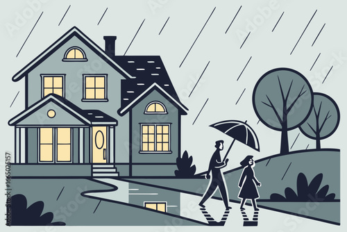 Father and daughter walk home in the rain under umbrella, cozy house with glowing windows, neighborhood scene, family time, safety, home ownership, simple life