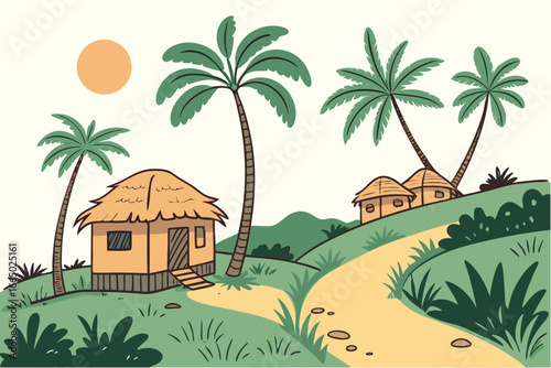 Idyllic tropical village scene with palm trees and huts, perfect for vacation promotions, travel blogs, or children's illustrations evokes peaceful island life