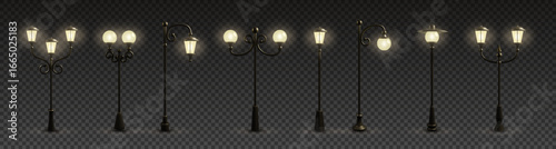 Street lamp. 3D light pole. Stand for post or park road. Outdoor streetlight. Vintage night lantern on transparent background. Town classic illumination. Vector isolated lampposts set