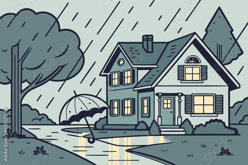 Cozy home in the rain with umbrella, a charming illustration perfect for weather forecasts, real estate, or creating a comforting, peaceful mood with its soft light