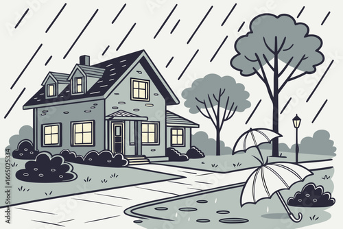 Cozy rainy day scene with charming home, lush trees, and umbrellas offering shelter, perfect for conveying comfort, protection, and peacefulness