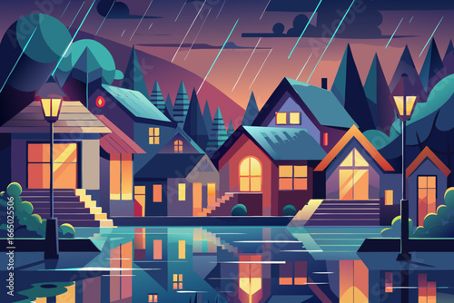 Serene cityscape with colorful houses reflecting in water on a rainy night, creates a peaceful, calming atmosphere, ideal for relaxation and contemplation