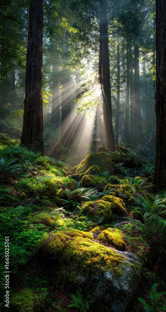 Fototapeta premium Sunbeams pierce a misty forest, illuminating moss-covered rocks and lush ferns on a sloping path between towering trees