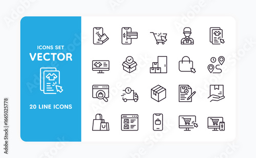 Online store icons. Order package. Web shopping. Express delivery. Computer click for buying. Purchase payment symbol. Supermarket basket app. Box shipping. Vector e-commerce sign set