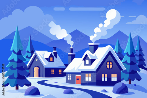 Charming winter scene with cozy cabins nestled among snow-covered trees and distant mountains, perfect for holiday greetings and festive designs, originally vector graphic