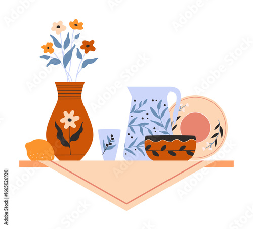 Ceramic and pottery composition. Teapot, vase with print and plate. Cute cup and kettle with botanical pattern. Utensil cozy for kitchen. Tea crockery dishware. Vector cartoon illustration