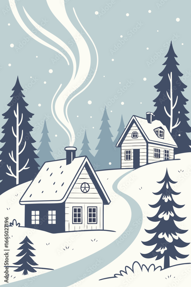 Naklejka premium Cozy winter cabins nestled among snow-covered pine trees, smoke rising from chimney, evoking peace and tranquility, perfect for holiday cards and winter themes