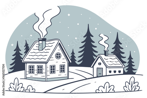 Cozy winter scene with snow covered cottages in a snowy forest, smoke coming from chimneys, evoking warmth and holiday charm, perfect for seasonal promotions