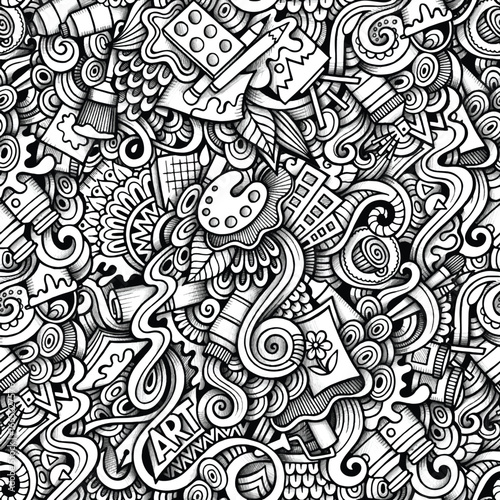 Art supplies doodle pattern with creative tools and text white Keywords: art, supplies, doodle