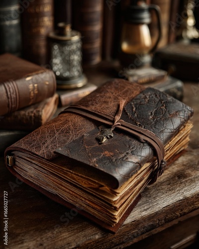 Closeup of an old, worn leatherbound journal with intricate patterns, tied with a string, resting on a wooden surface with antique books in the background
