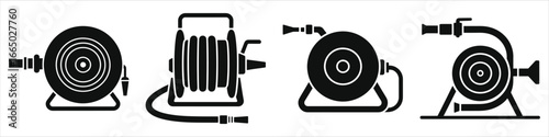 Versatile Hose Reel & Nozzle Icons: Minimalist Black Silhouettes for Garden Watering, Fire Safety, and Industrial Use. Vector Equipment Collection.