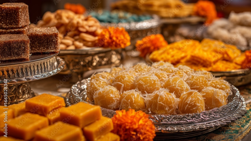 Fototapeta premium Delicious indian sweets arranged on ornate silver platters, creating a vibrant and tempting display for diwali festivities