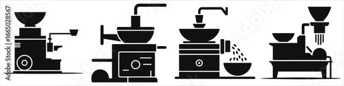 Set of Grain Milling Machine Silhouettes – Vector  of Agricultural Grain Grinders, Flour Milling Equipment, and Cereal Processing Machines for Farming, Food Production, and Industrial Use