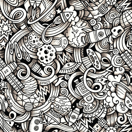 Hand Drawn Space Doodle Pattern With Rockets Planets And UF Os alien