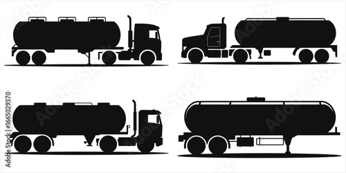 Tanker Truck & Trailer Silhouettes Vector Set: Commercial Transport Vehicles for Fuel, Oil, Gas, and Liquid Cargo Delivery. Logistics and Industrial Flat Icons Collection.
