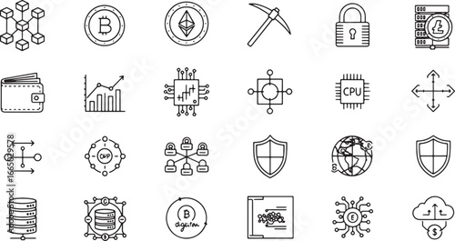 Line art icons representing the digital finance ecosystem. Includes cryptocurrency, blockchain, secure transactions, data, and decentralized networks for tech designs