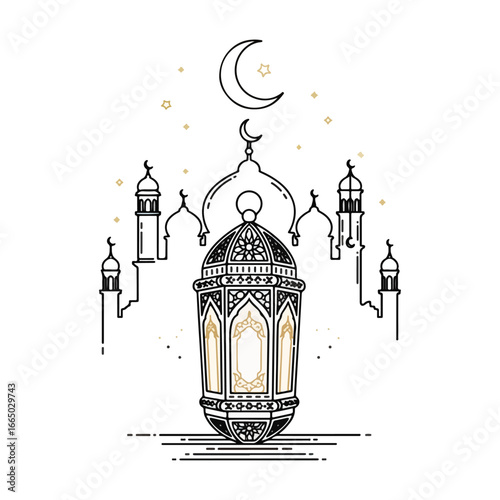 Ornate lantern illustration with mosque silhouettes, crescent moon, and stars, representing Islamic culture and celebrations.