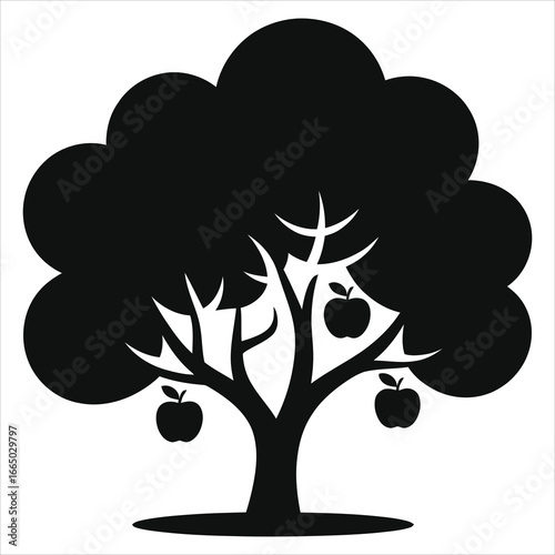 Apple Tree Silhouette Vector: Minimalist Black Icon of Fruit Tree with Apples and Grass. Perfect for Orchard, Nature, Food, Organic, and Harvest-themed Design Projects.