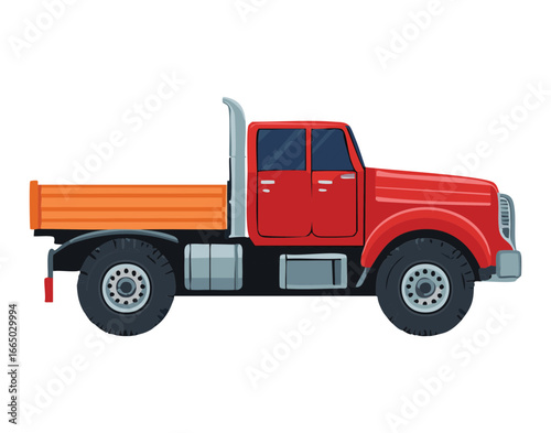 A digital graphic of a robust red flatbed semi-truck, an essential vehicle for hauling large, oversized loads in the transport and logistics sectors