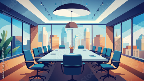 Illustration of a conference room with city view behind