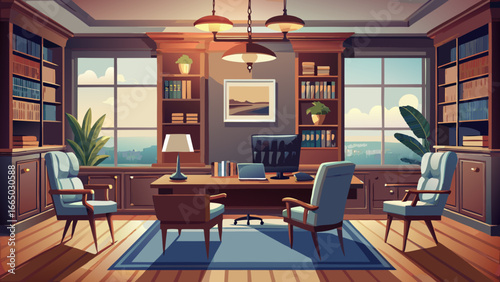 Illustration of a study room with desk and bookshelves