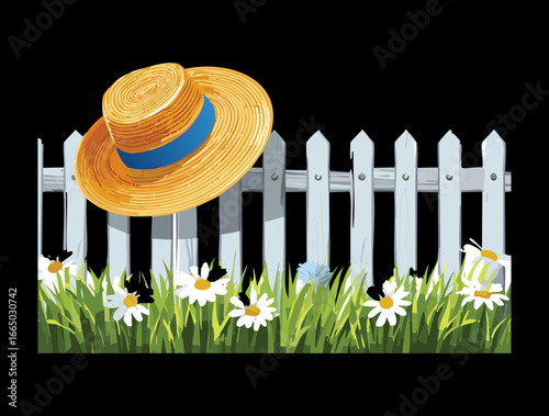  A charming digital illustration of a classic straw hat with a blue ribbon, hanging on a white wooden picket fence in a field of daisies, against a black background