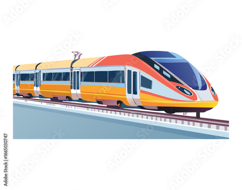 A detailed cartoon rendering of a futuristic high-speed passenger train, symbolizing rapid transit and eco-friendly travel across the country