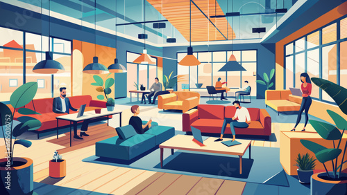 People working in a modern open office lounge area scene