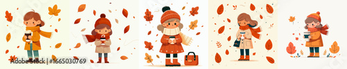 vector of a little girl enjoying coffee to warm the body in autumn