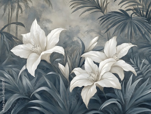 Elegant White Lilies in a Lush Tropical Garden Painting
