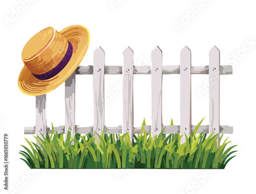 A Summer Straw Hat and a White Picket Fence in the Garden