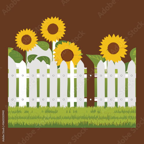 Detailed Illustration of a White Picket Fence with Tall Sunflowers