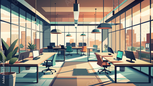 Illustration of a modern office space with city view