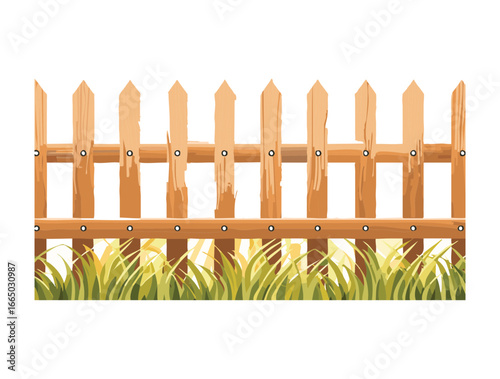 A simple, classic wooden picket fence standing in a grassy area with a clean and bright background