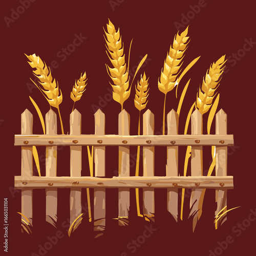 A simple, rustic wooden fence on a peaceful meadow with a variety of golden wheat spikes