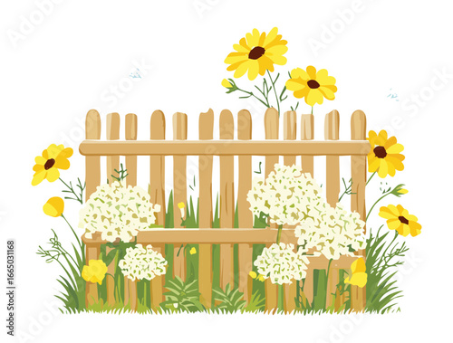 A charming white wooden picket fence with a row of large, bright yellow sunflowers on a sunny day