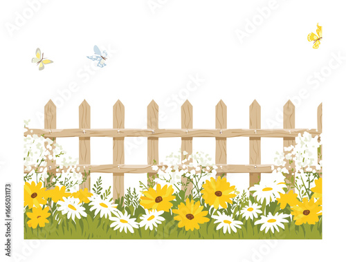 A whimsical scene with a white picket fence, cheerful sunflowers, and butterflies