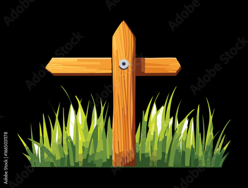 A rustic, light-colored wooden cross post standing alone in a field of golden, dry grass, symbolizing a crossroad