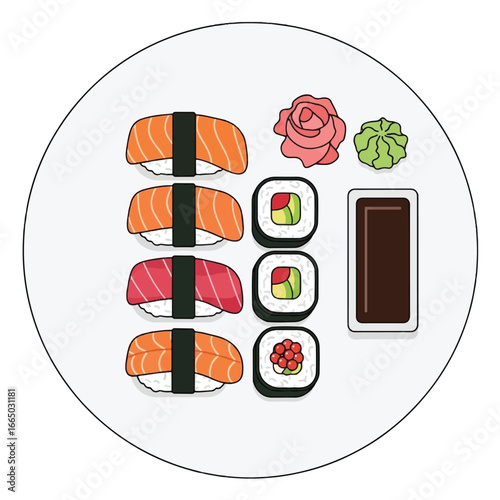 A detailed illustration of a sushi plate with various types of sushi and accompaniments.