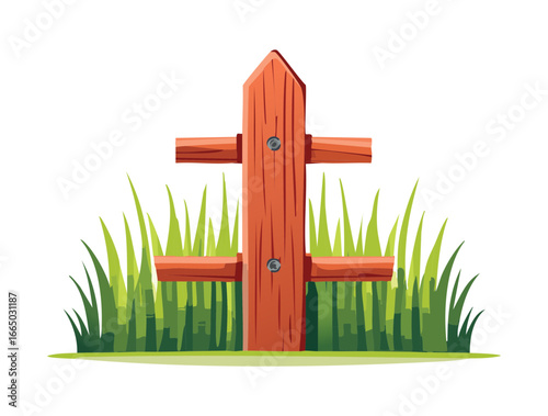 A simple wooden cross fence post standing in a field of vibrant green grass, evoking a rustic, rural feel