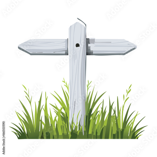 A weathered, rustic white wooden signpost with two arrows, standing in a lush green grass