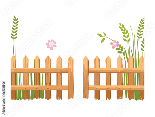 A serene, clean landscape illustration of a wooden picket fence standing in a field of vibrant green grass and small pink blossoms