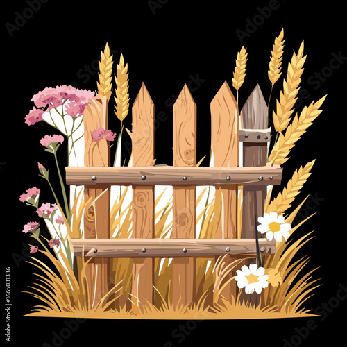 A dark and moody night illustration of a wooden fence with purple flowers and golden wheat, highlighting their silhouettes against the black background