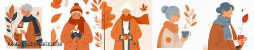 vector of half body a grandmother enjoying coffee to warm the body in autumn