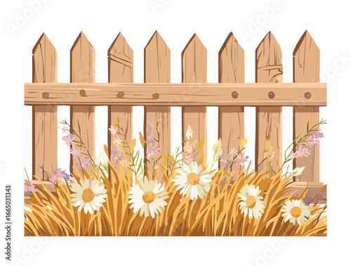 A natural garden scene with a wooden fence partially hidden by a variety of wild flowers and tall stalks of golden wheat