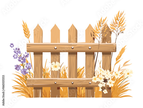 A golden hour countryside scene featuring a rustic wooden fence amongst stalks of wheat and blooming lavender with warm, inviting light