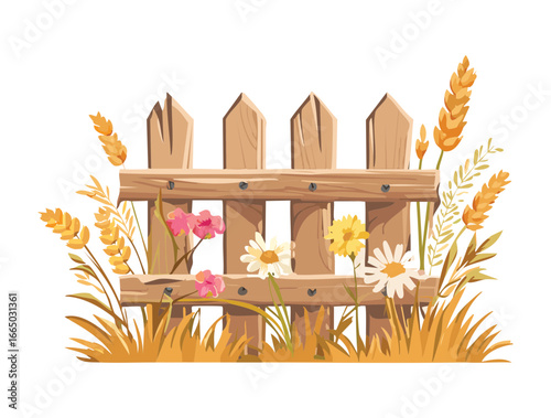 A picturesque country field illustration with a wooden fence bordered by white flowers, pink blossoms, and golden wheat under a bright sky