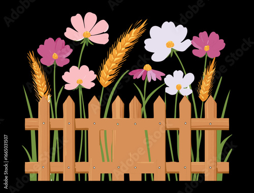 A vibrant and colorful floral garden scene featuring various blooming flowers set against a striking dark, almost black background