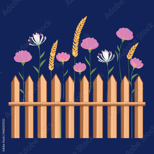  A peaceful night scene showing a rustic wooden fence and blooming flowers under a starry, deep blue sky